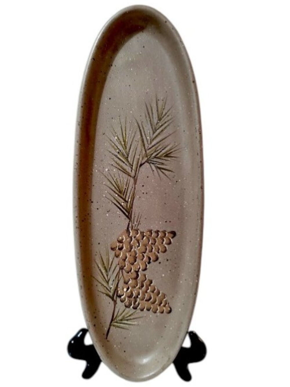 Decorative Use Oval Tray Hand-Painted Pine Cones & Pine Branch on Taupe